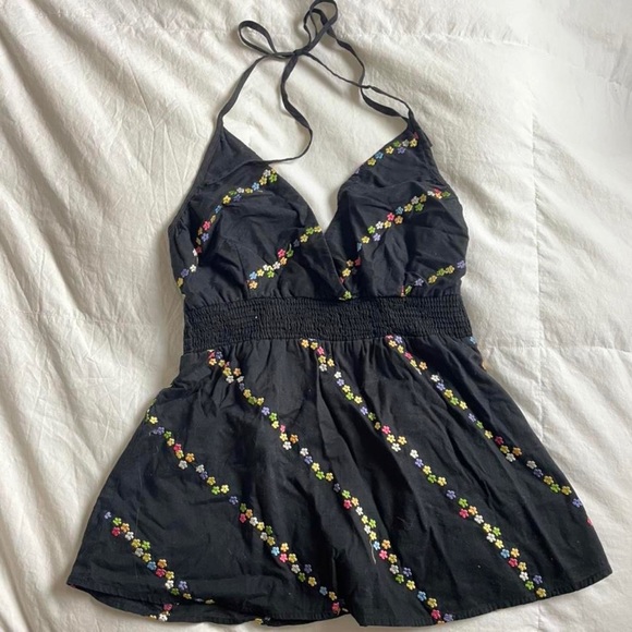 Odille Tops - FLORAL EMBROIDERED HALTER TIE TANK TOP